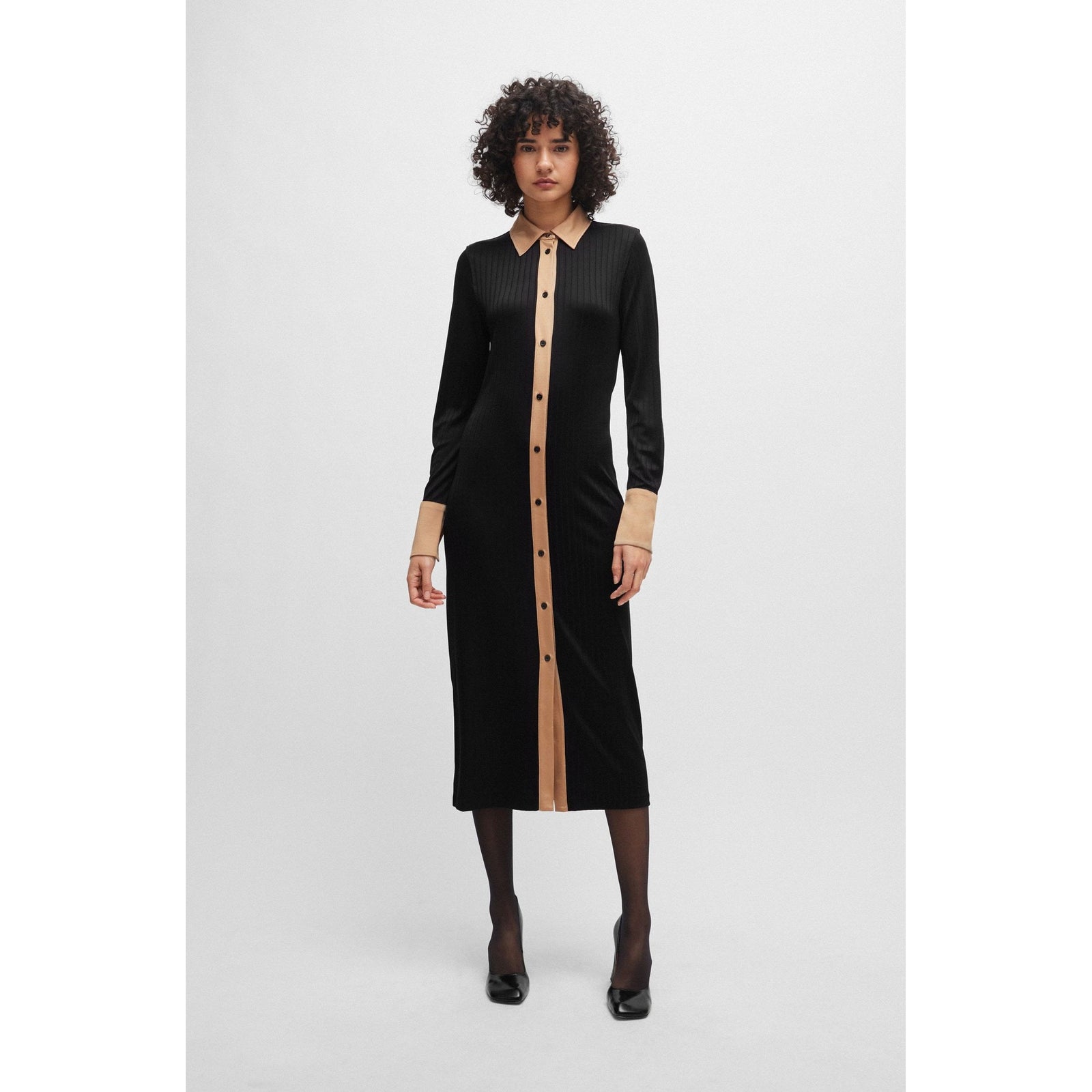 BOSS LONG SHIRT-STYLE DRESS IN RIBBED JERSEY - Yooto