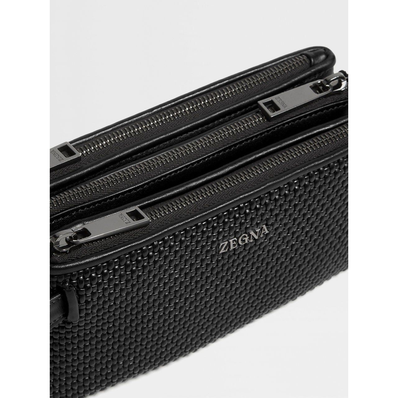 ZEGNA BLACK PELLETESSUTA™ LEATHER TRIPLE ZIP POUCH