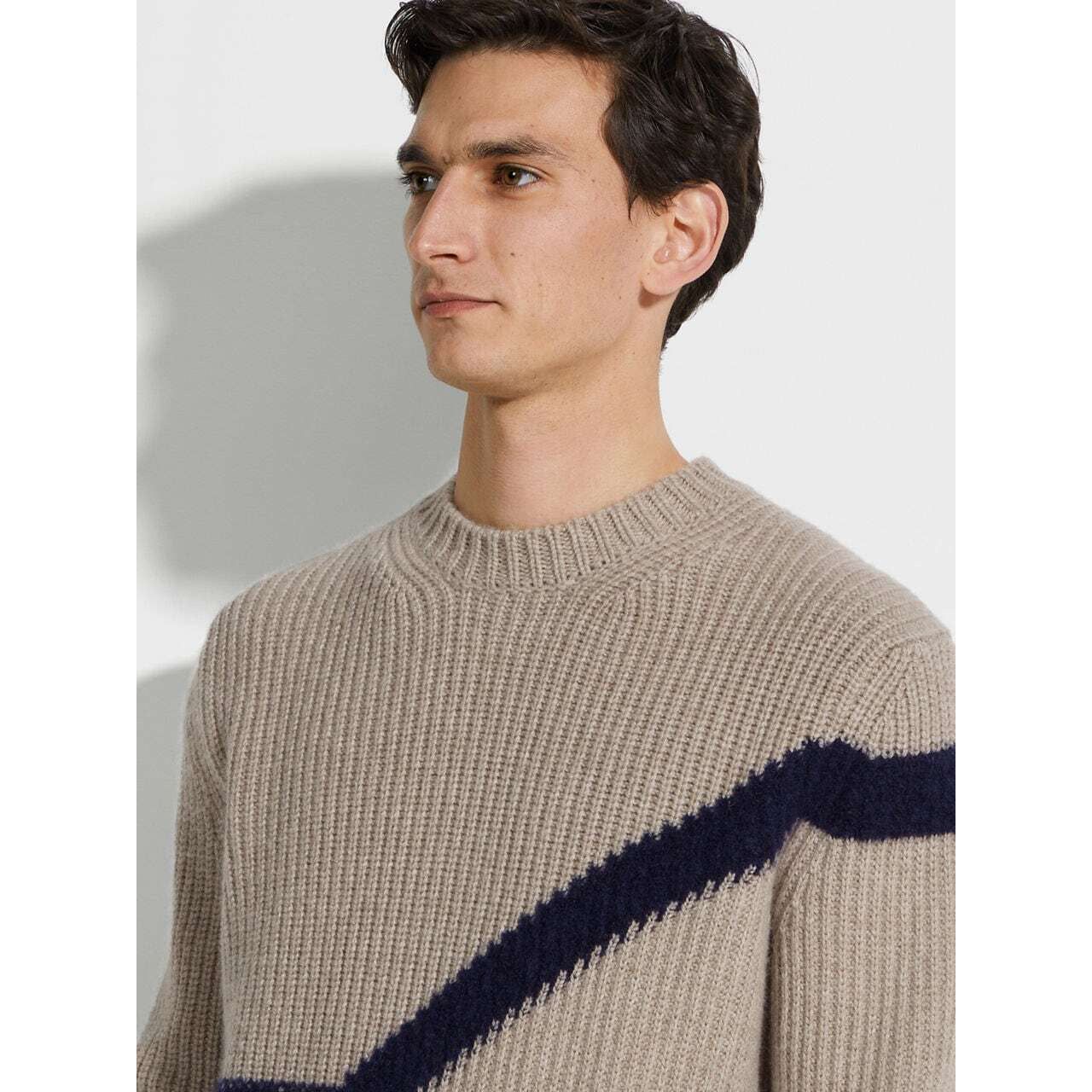 ZEGNA LIGHT TAUPE AND INK BLUE CASHMERE AND SILK CREWNECK