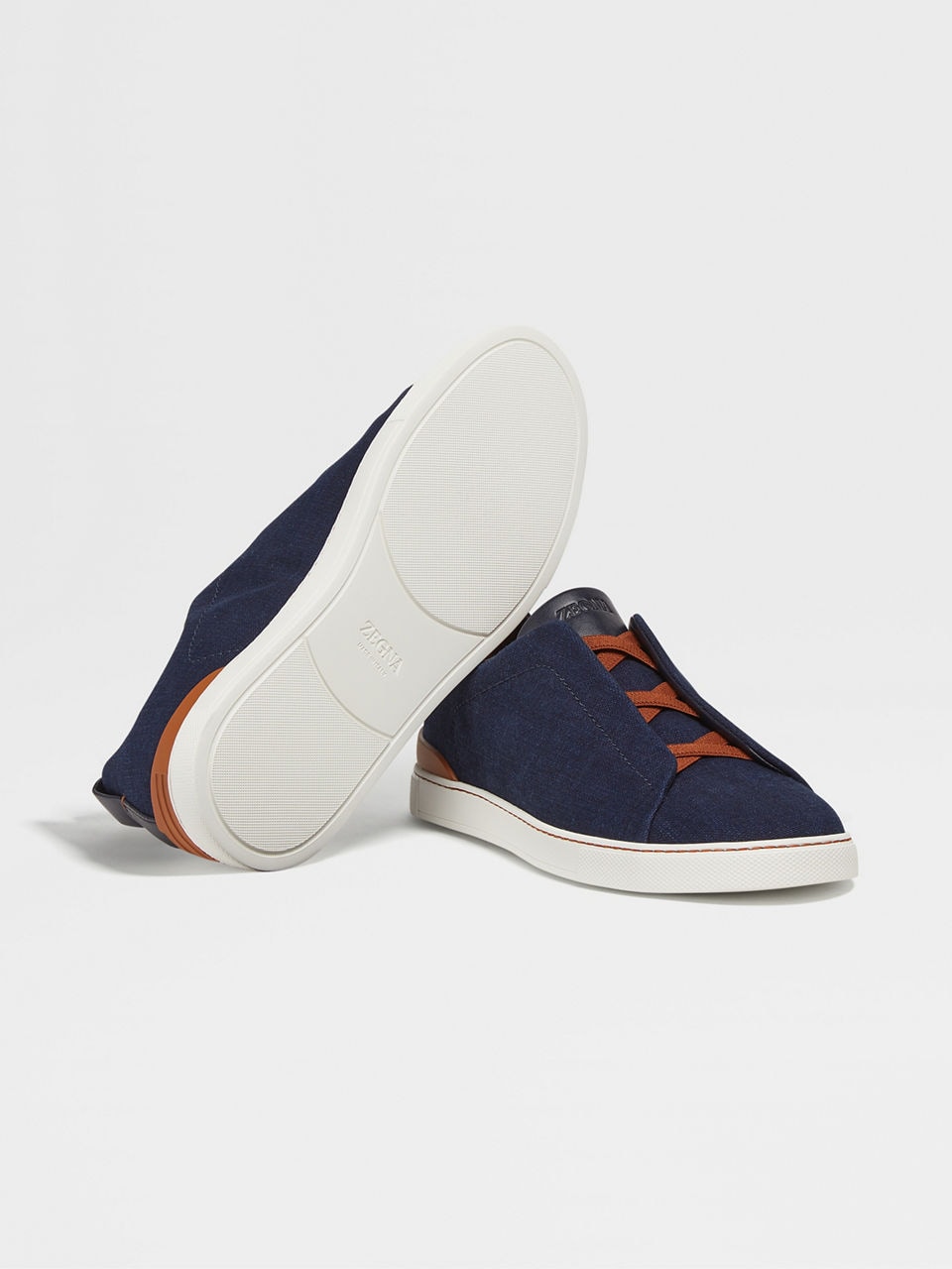 ZEGNA NAVY BLUE COTTON DENIM TRIPLE STITCH™ SNEAKERS