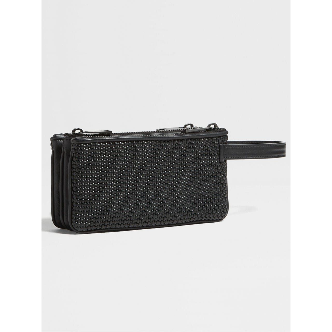 ZEGNA BLACK PELLETESSUTA™ LEATHER TRIPLE ZIP POUCH