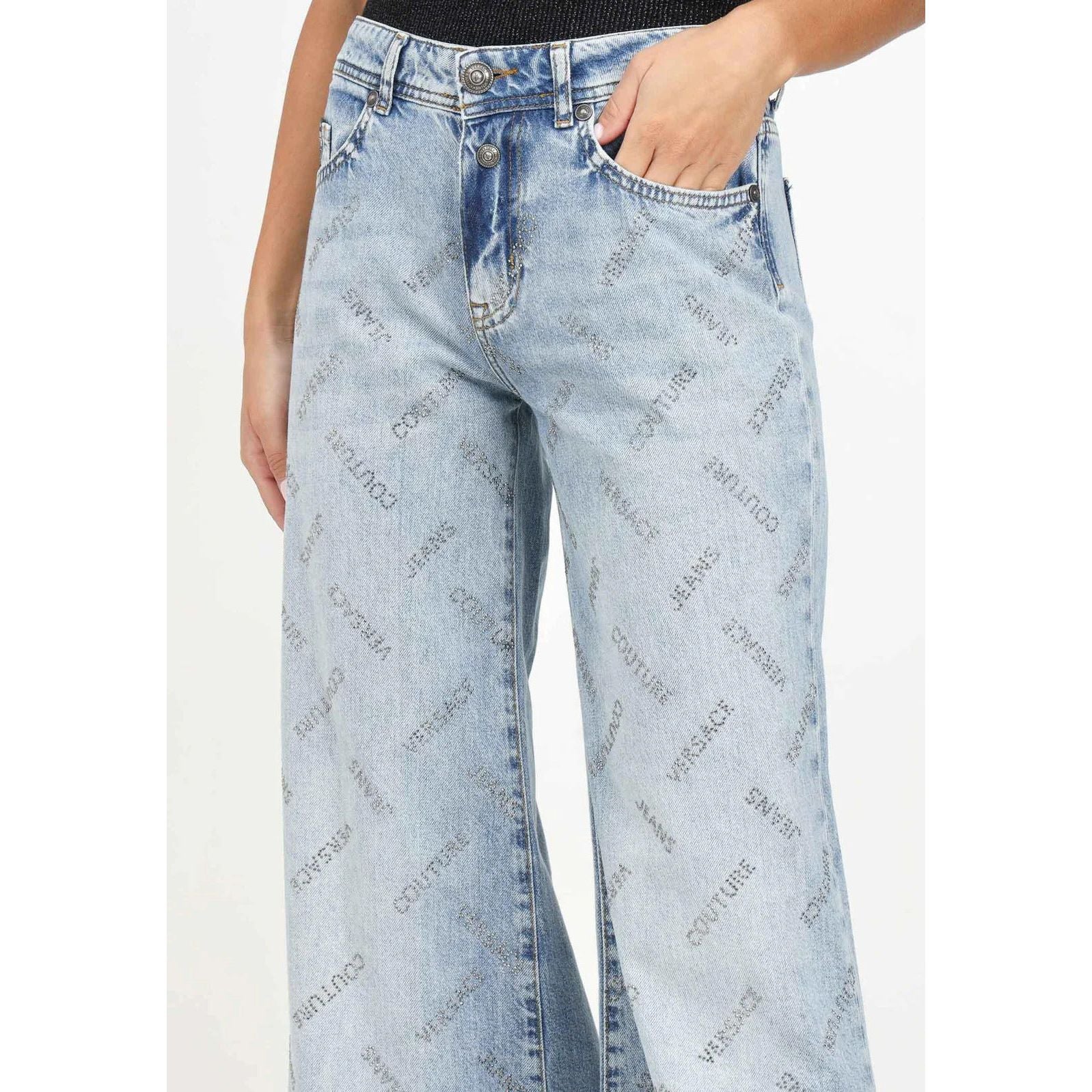 VERSACE JEANS COUTURE Flared Denim Jeans with Rhinestone Logo Pattern