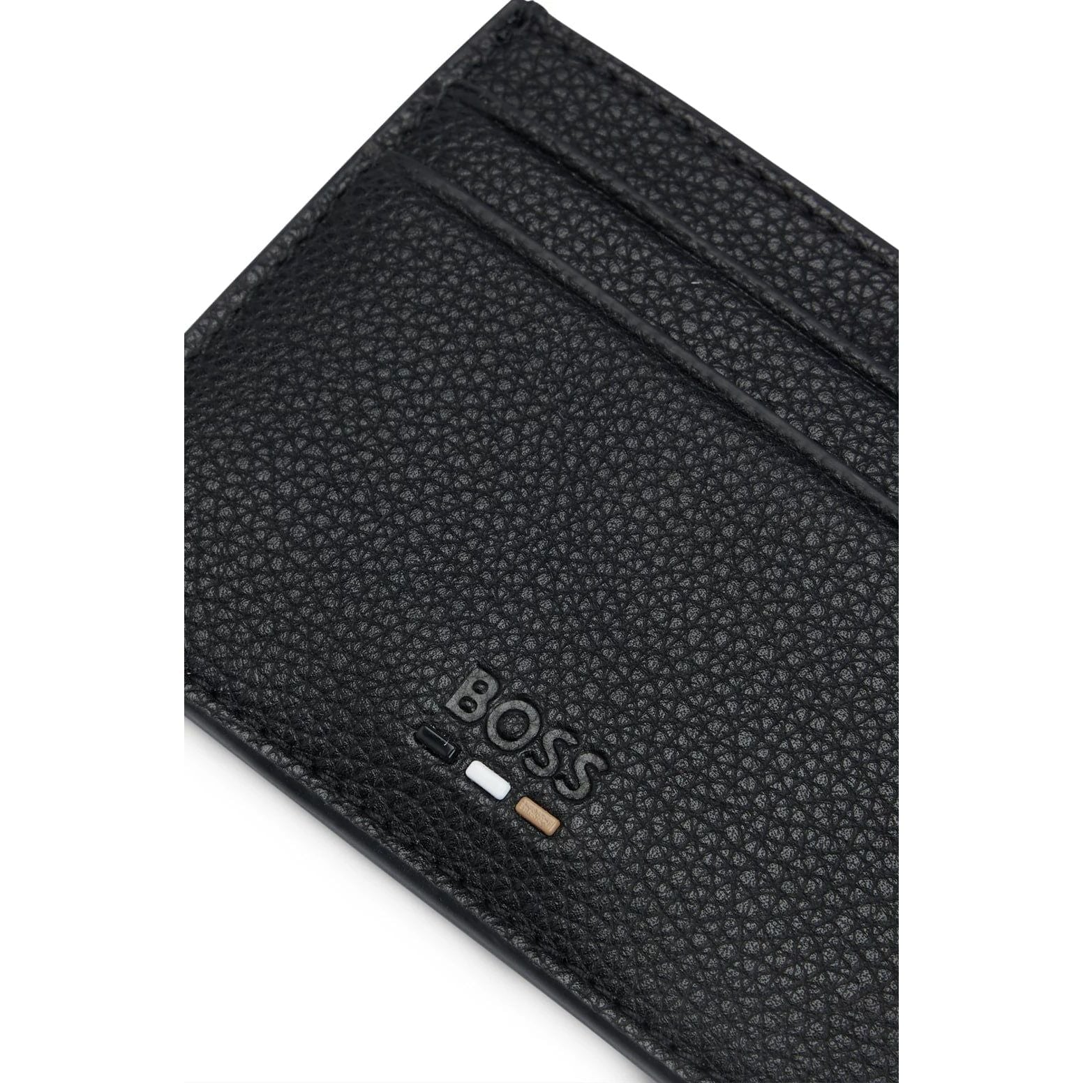 BOSS SIGNATURE-STRIPE CARD HOLDER IN GRAINED FAUX LEATHER