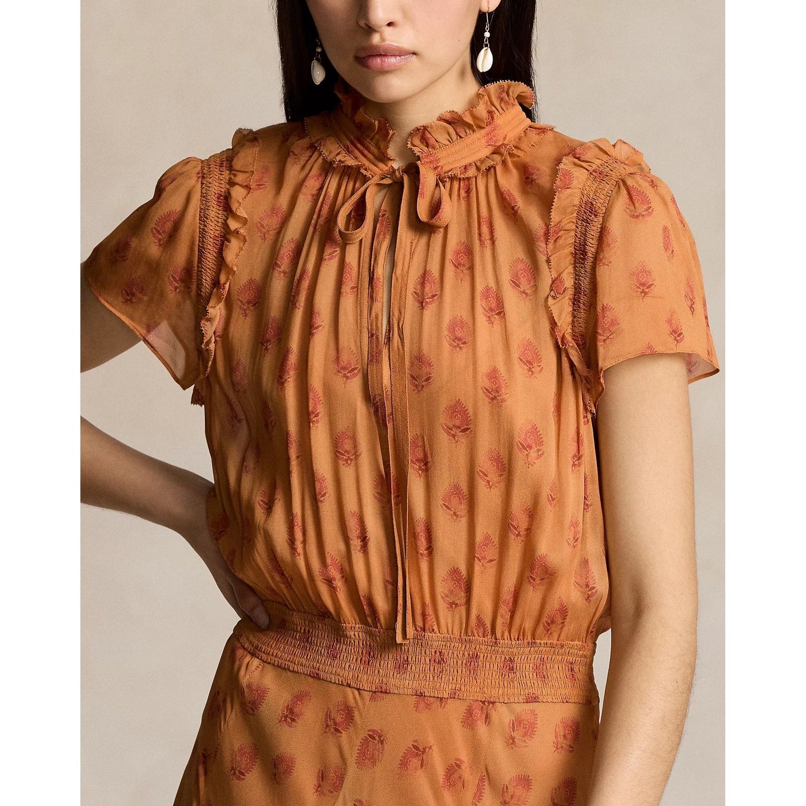 POLO RALPH LAUREN BLOCK-PRINT GEORGETTE TIE-NECK DRESS