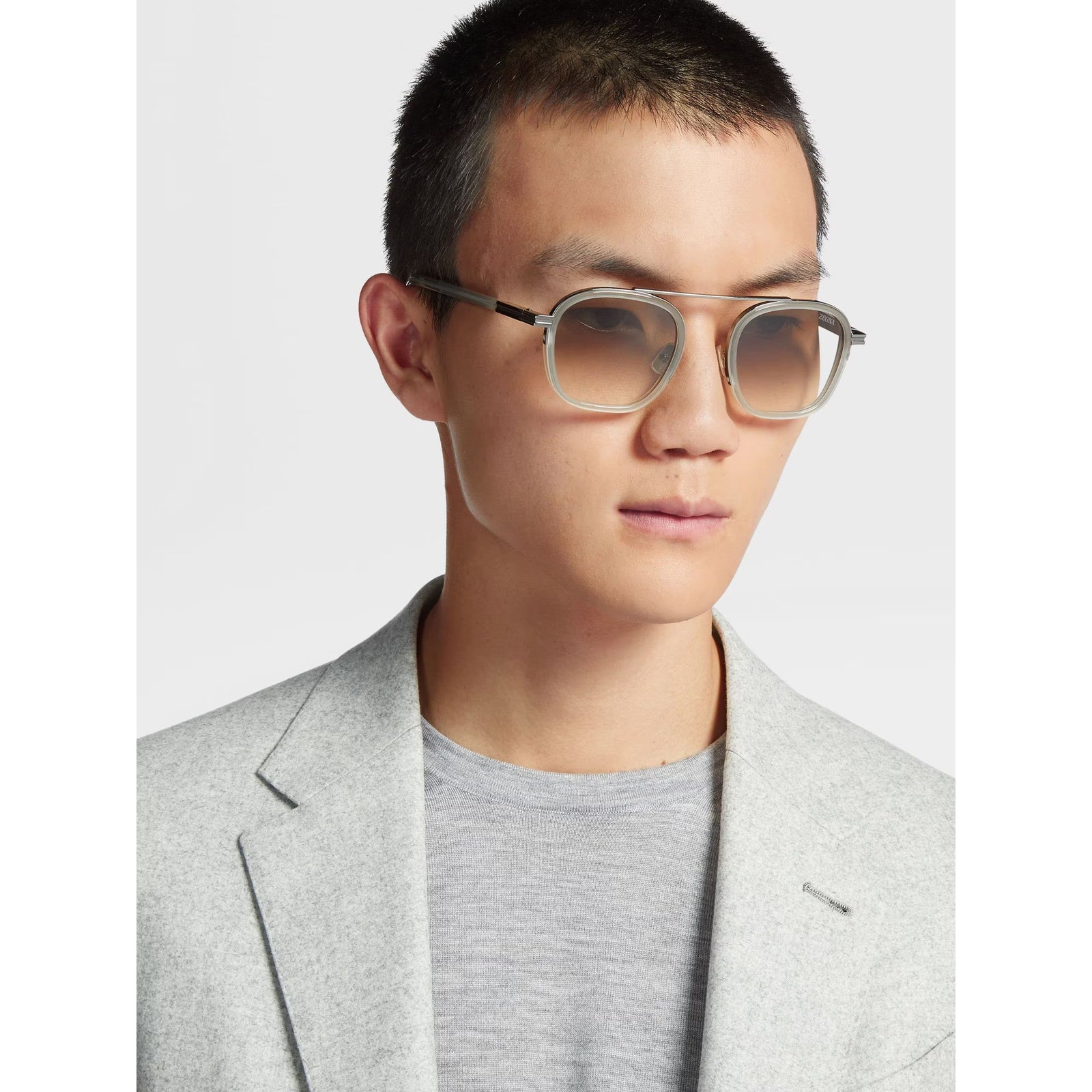 ZEGNA TRANSPARENT LIGHT GREY ORIZZONTE I ACETATE AND METAL SUNGLASSES