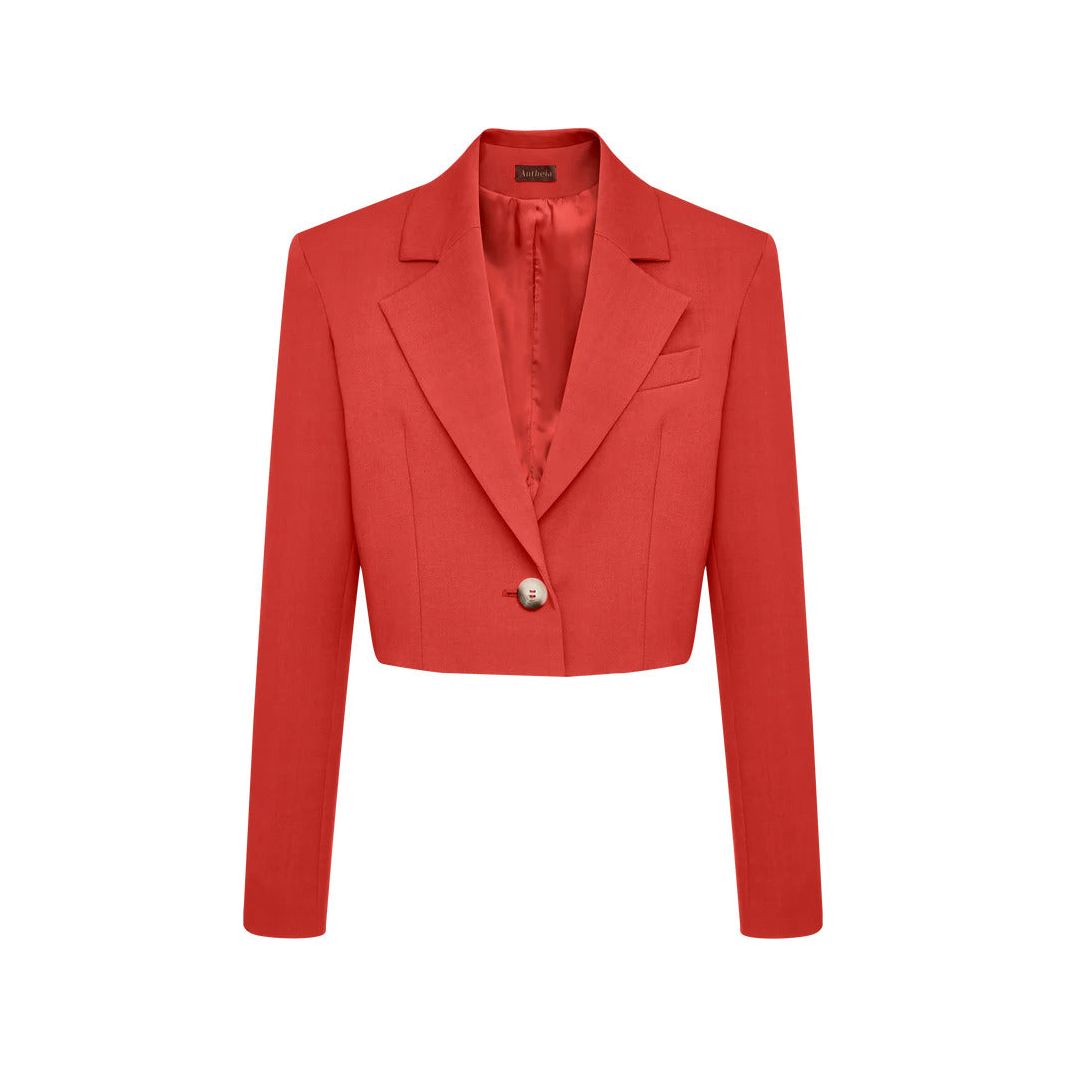 Antheia Wool Cropped Oversized Blazer in Red