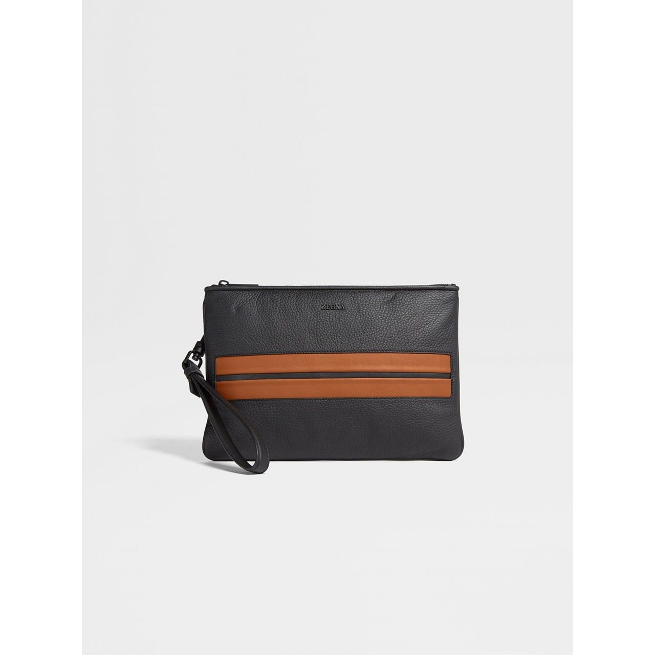 ZEGNA BLACK DEERSKIN AND LEATHER POUCH