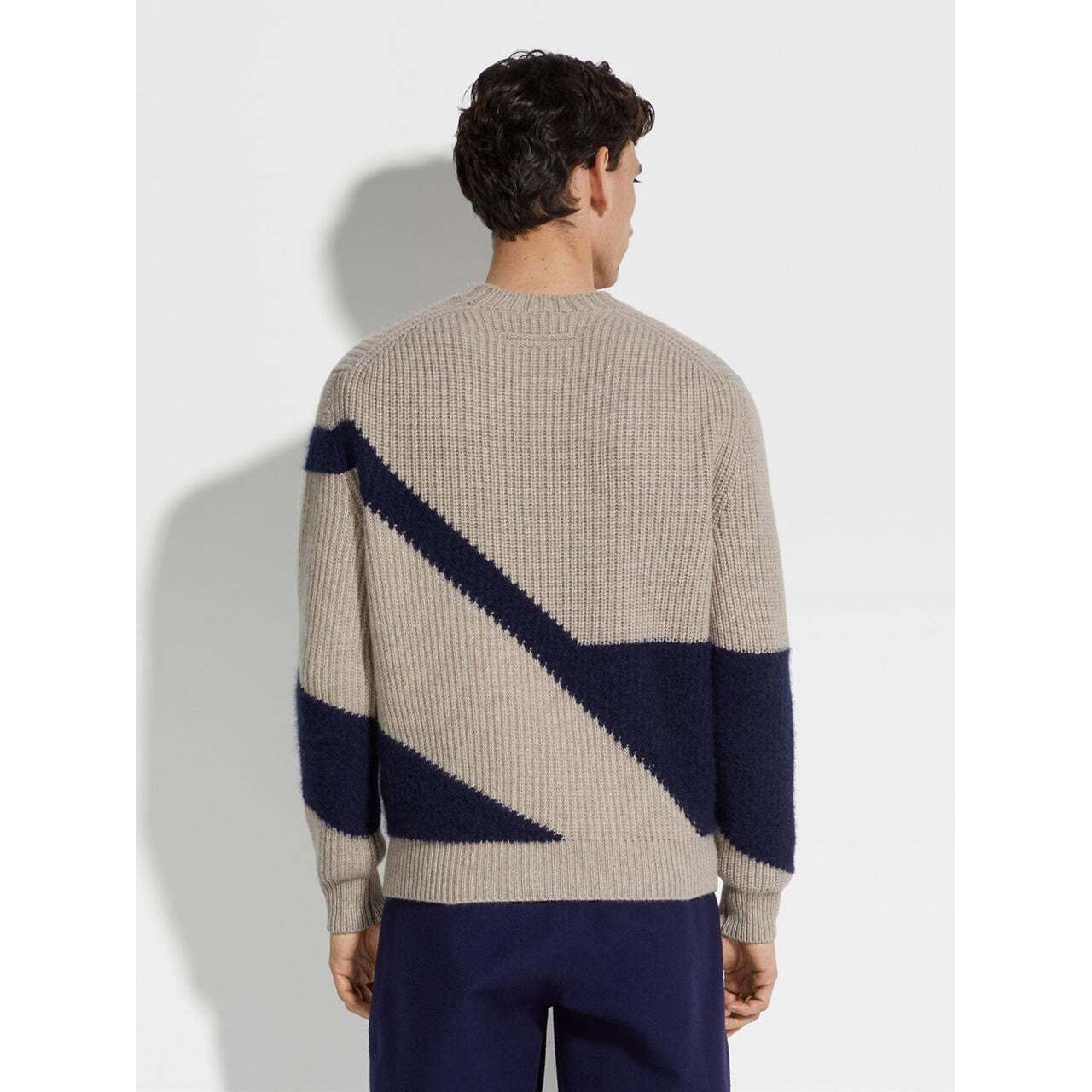 ZEGNA LIGHT TAUPE AND INK BLUE CASHMERE AND SILK CREWNECK