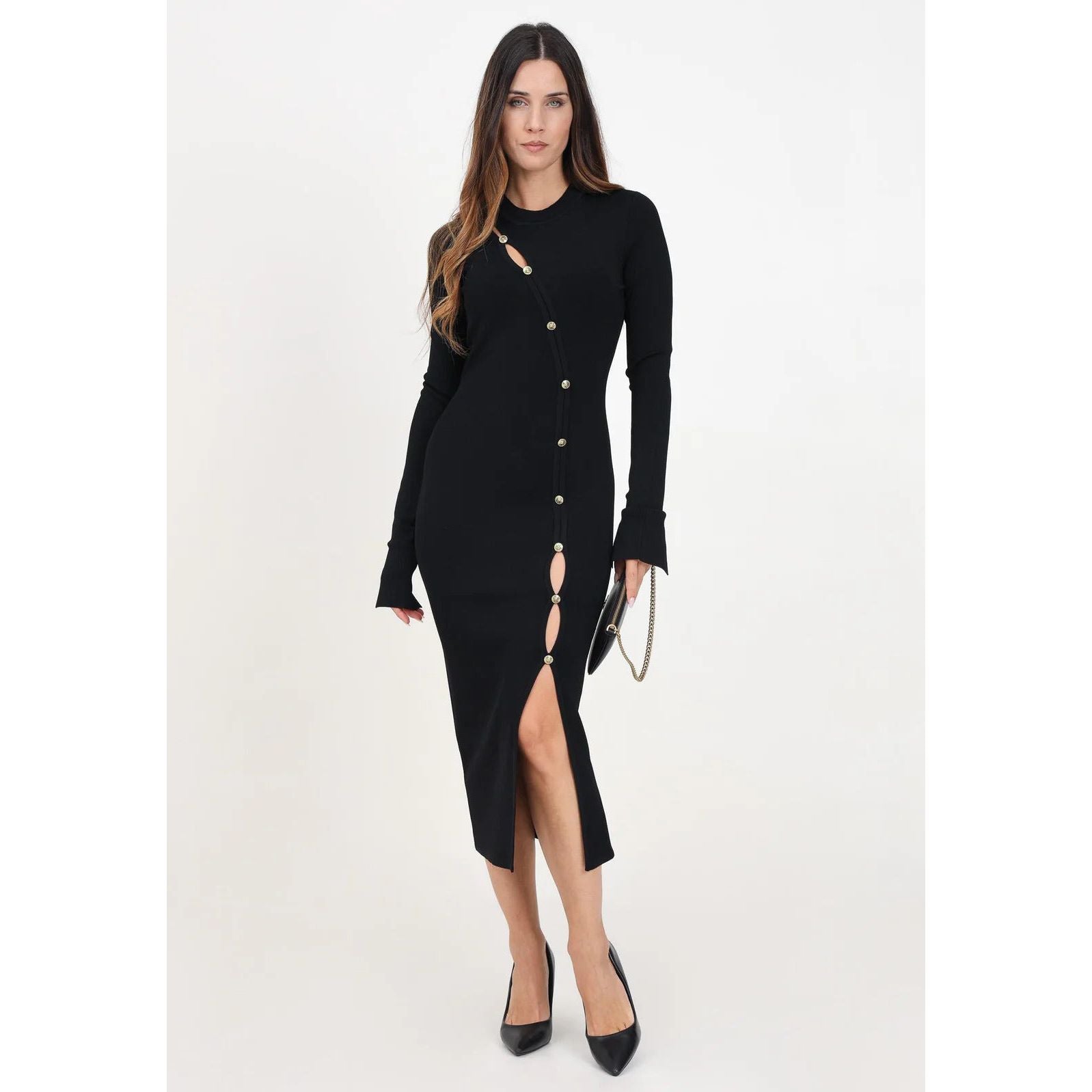 VERSACE JEANS COUTURE Black Midi Dress with Cut-Out Details and Buttons