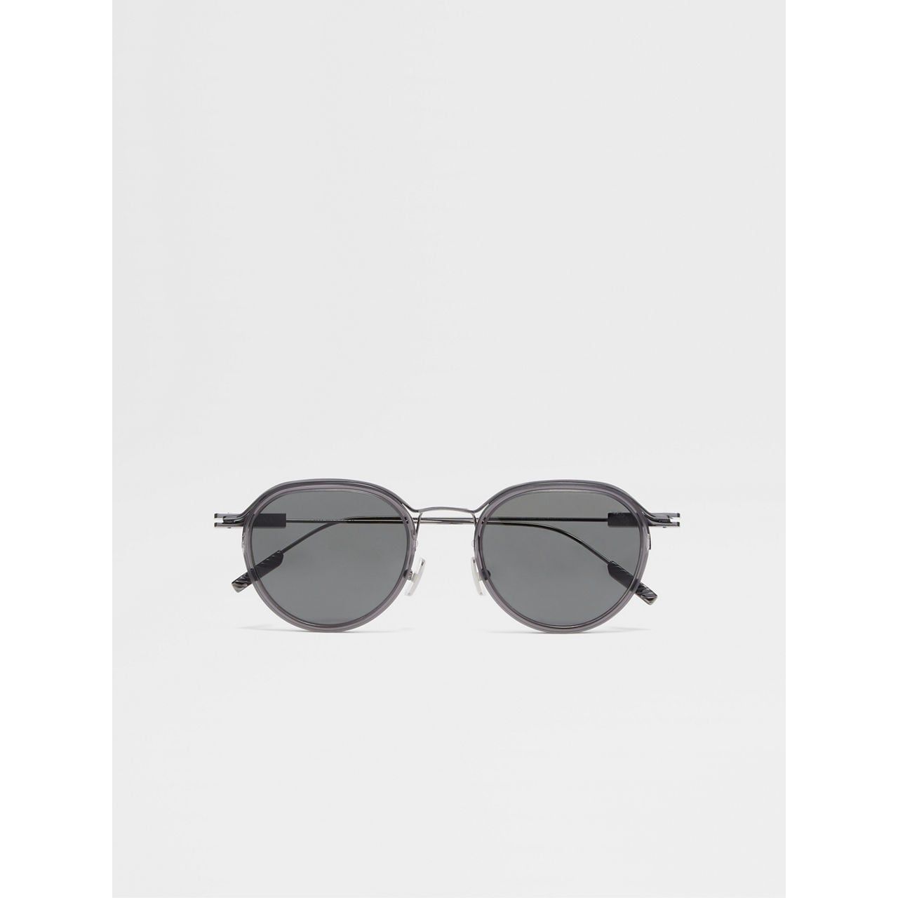 ZEGNA TRANSPARENT GREY AND DARK RUTHENIUM ACETATE AND METAL SUNGLASSES