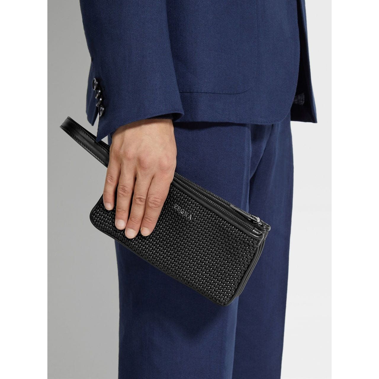 ZEGNA BLACK PELLETESSUTA™ LEATHER TRIPLE ZIP POUCH