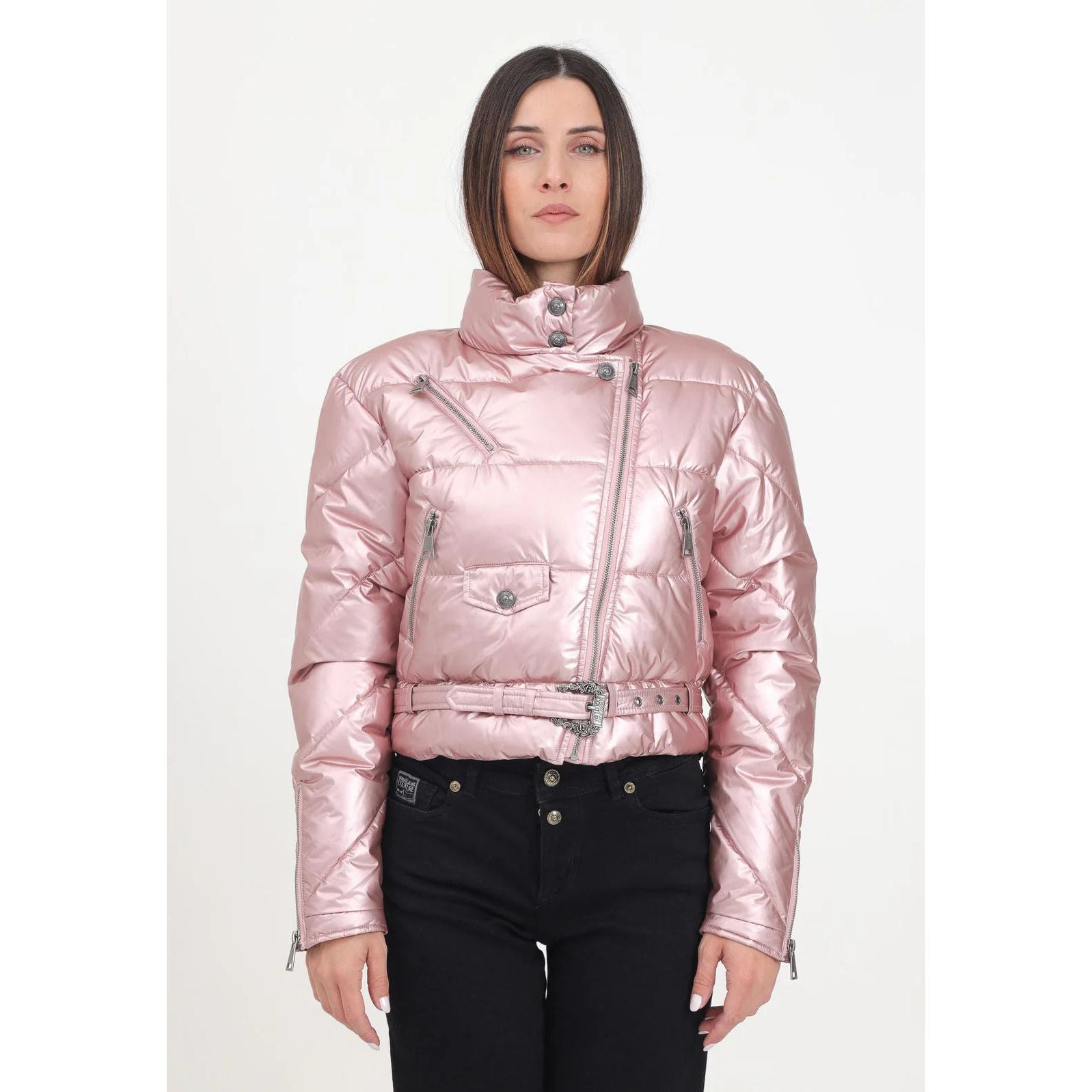 VERSACE JEANS COUTURE Pink Down Jacket with Pearl Metallic Finish