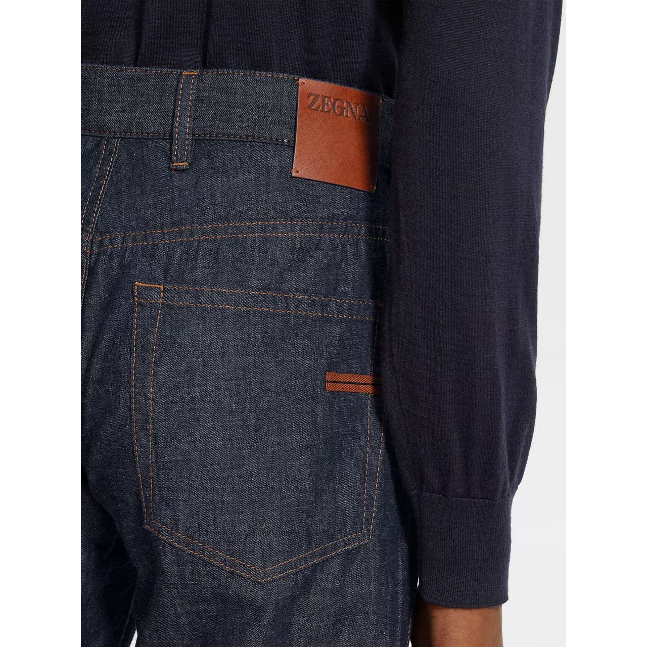 ZEGNA DARK BLUE RINSE-WASHED COTTON AND LINEN ROCCIA JEANS