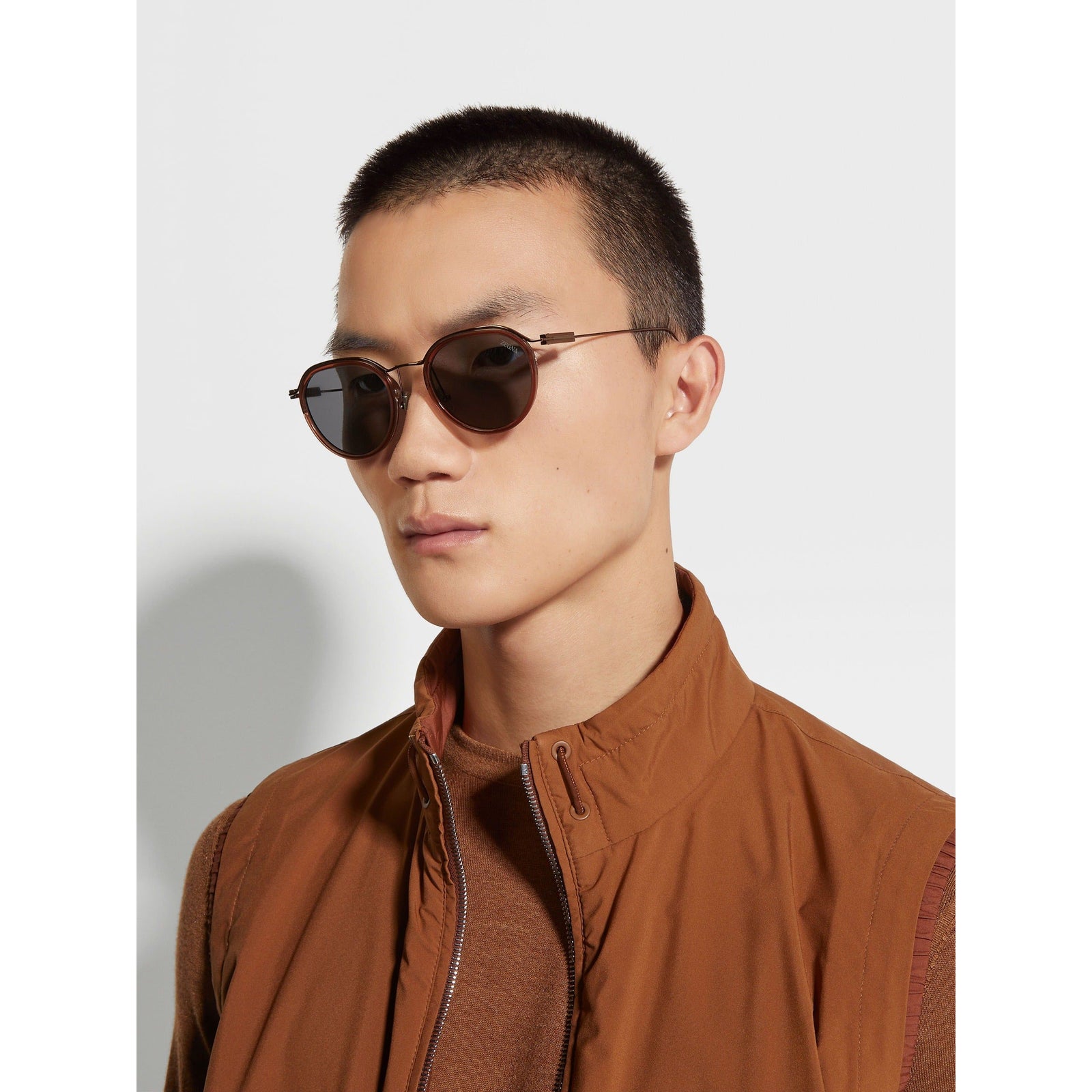 ZEGNA TRANSPARENT BROWN ACETATE AND METAL SUNGLASSES