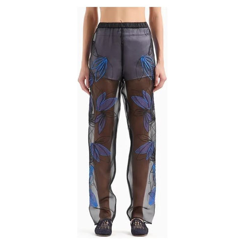 Load image into Gallery viewer, EMPORIO ARMANI PURE SILK ORGANZA ELASTICATED-WAIST TROUSERS WITH FLORAL EMBROIDERY
