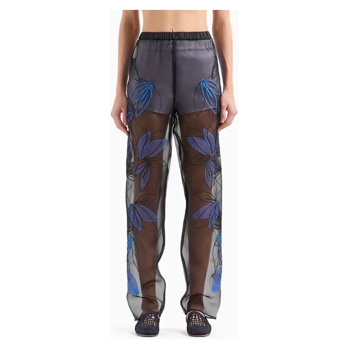 EMPORIO ARMANI PURE SILK ORGANZA ELASTICATED-WAIST TROUSERS WITH FLORAL EMBROIDERY