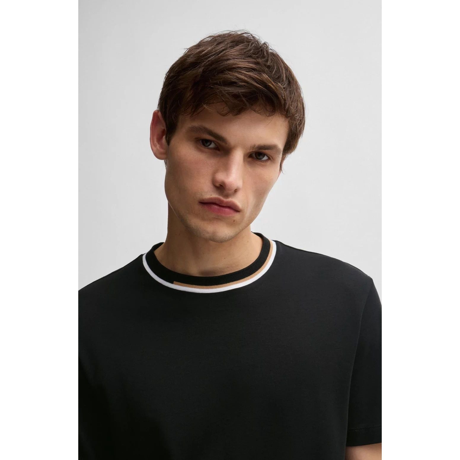 BOSS INTERLOCK-COTTON T-SHIRT WITH COLOUR-BLOCK COLLAR