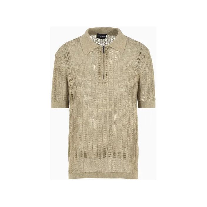 EMPORIO ARMANI LINEN-BLEND POLO SHIRT IN PERFORATED, PUNCH-STITCH KNIT