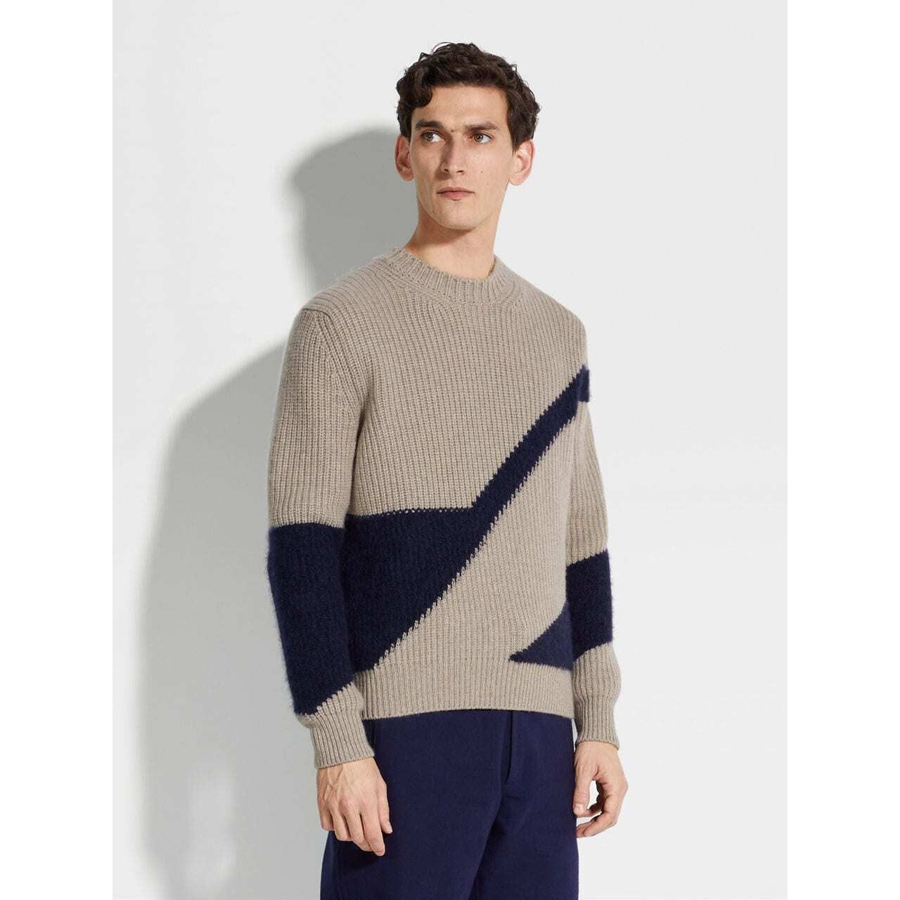 ZEGNA LIGHT TAUPE AND INK BLUE CASHMERE AND SILK CREWNECK