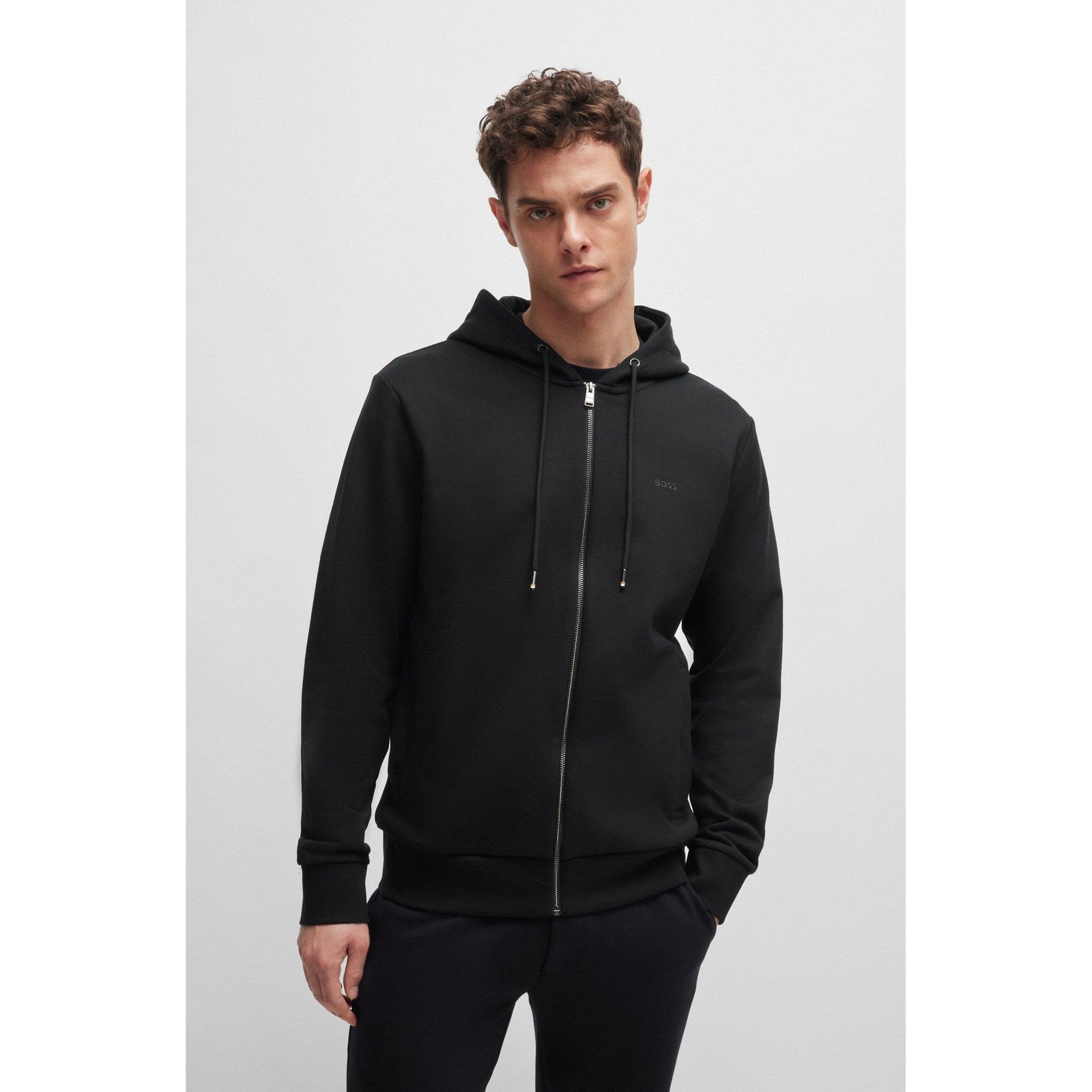 BOSS COTTON-TERRY ZIP-UP HOODIE WITH PRINTED LOGO