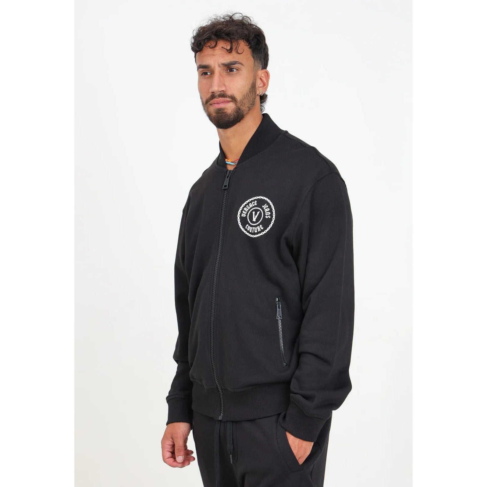 VERSACE JEANS COUTURE Black Zip Up Hoodie Featuring V-Emblem Logo