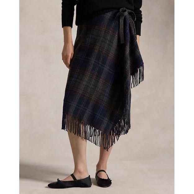 RALPH LAUREN Fringe-Trim Plaid Wrap Skirt