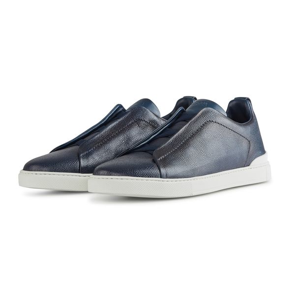 ZEGNA Navy Blue Grained Kangaroo Triple Stitch™ Low Top Sneakers