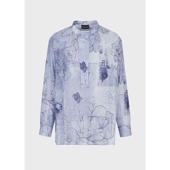 Tattoo-print muslin shirt with guru collar - Yooto