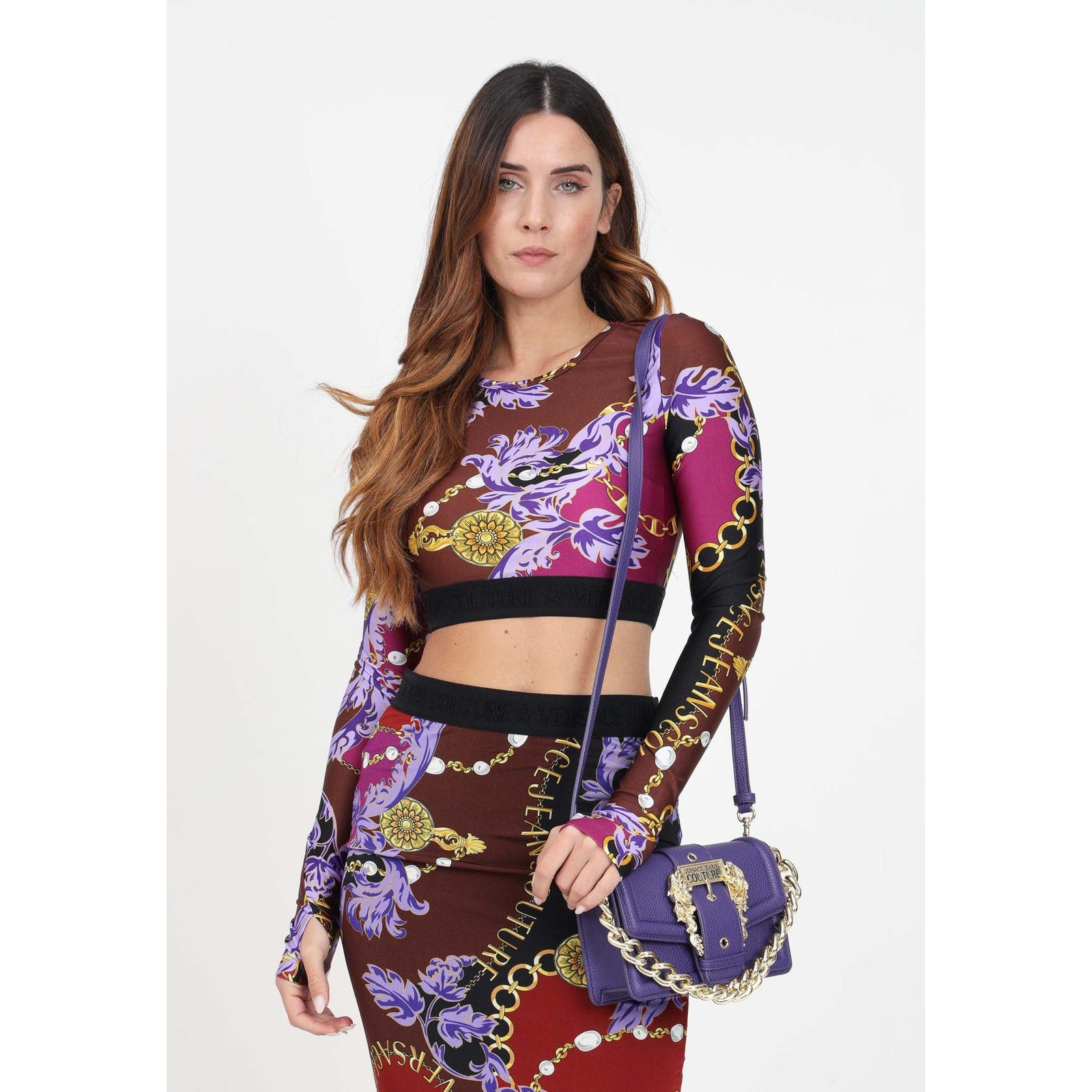 VERSACE JEANS COUTURE BURGUNDY LONG SLEEVE CROP TOP WITH CHAIN COUTURE PRINT - Yooto
