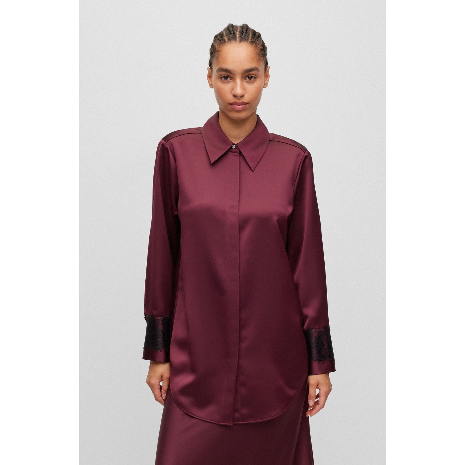BOSS SLIM-FIT BLOUSE IN SATIN WITH LACE TRIMS - Yooto
