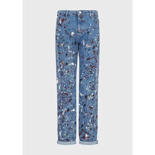 Load image into Gallery viewer, EMPORIO ARMANI J15 MEDIUM-WAIST, CROPPED, RELAXED-LEG, VINTAGE-LOOK DENIM JEANS WITH MULTICOLOURED SPOTS - Yooto
