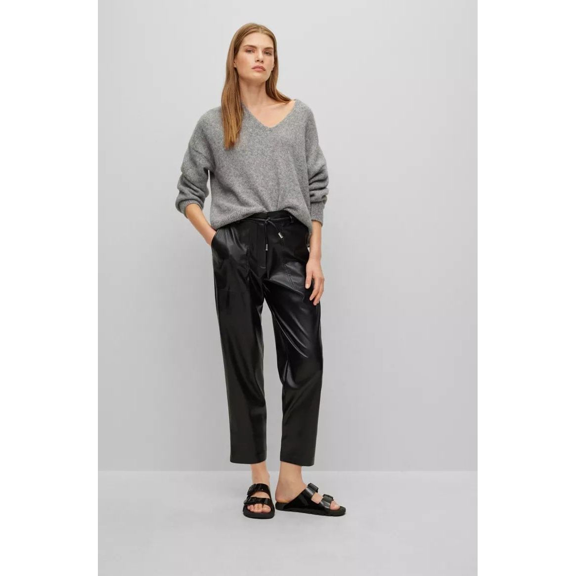 BOSS  TAPERED-FIT CROPPED TROUSERS IN FAUX LEATHER - Yooto