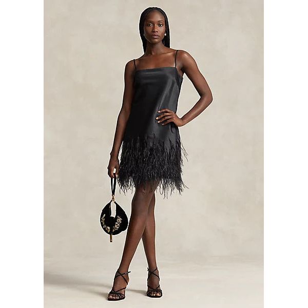 POLO RALPH LAUREN FEATHER-TRIM SATIN COCKTAIL DRESS - Yooto