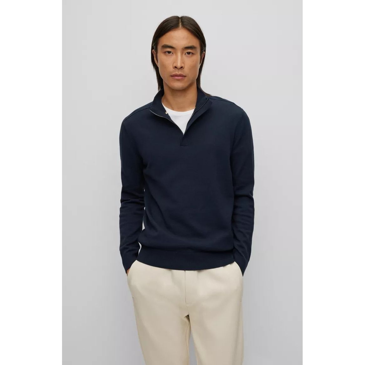 BOSS REGULAR-FIT TROYER SWEATER IN COTTON AND VIRGIN WOOL - Yooto