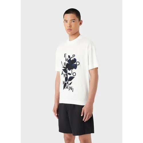 Load image into Gallery viewer, EMPORIO ARMANI TENCEL-BLEND JERSEY T-SHIRT WITH OVERSIZED FLOWER EMBROIDERY AND LOGO - Yooto
