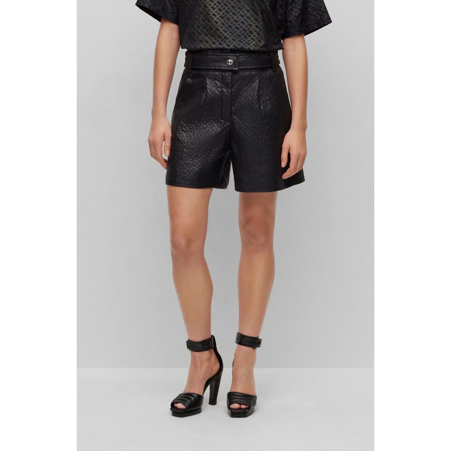 BOSS RELAXED-FIT SHORTS IN MONOGRAM-EMBOSSED FAUX LEATHER - Yooto