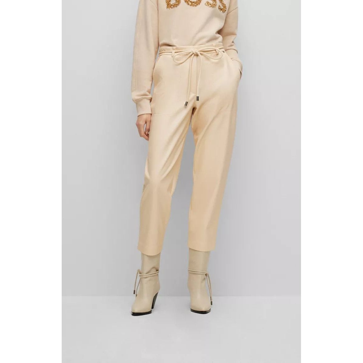 BOSS  TAPERED-FIT CROPPED TROUSERS IN FAUX LEATHER - Yooto
