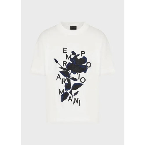 Load image into Gallery viewer, EMPORIO ARMANI TENCEL-BLEND JERSEY T-SHIRT WITH OVERSIZED FLOWER EMBROIDERY AND LOGO - Yooto
