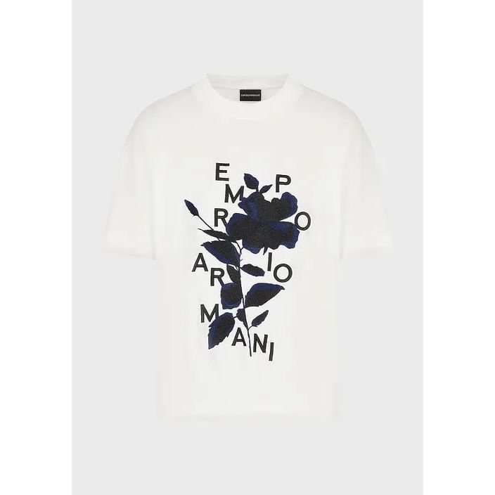 EMPORIO ARMANI TENCEL-BLEND JERSEY T-SHIRT WITH OVERSIZED FLOWER EMBROIDERY AND LOGO - Yooto