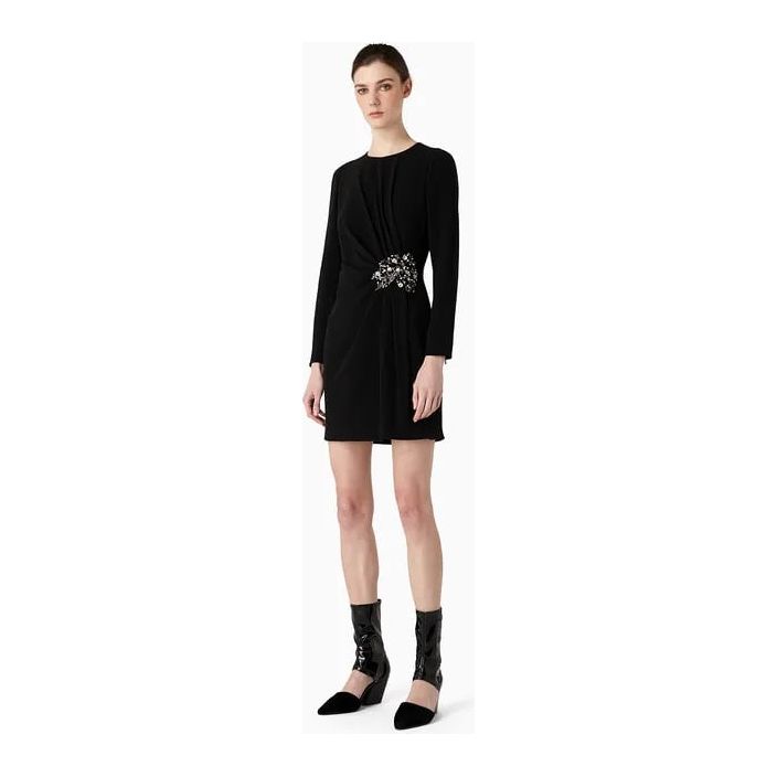 EMPORIO ARMANI LONG-SLEEVED DRESS IN CADY CRÊPE WITH DRAPING AND BRODERIE ANGLAISE - Yooto