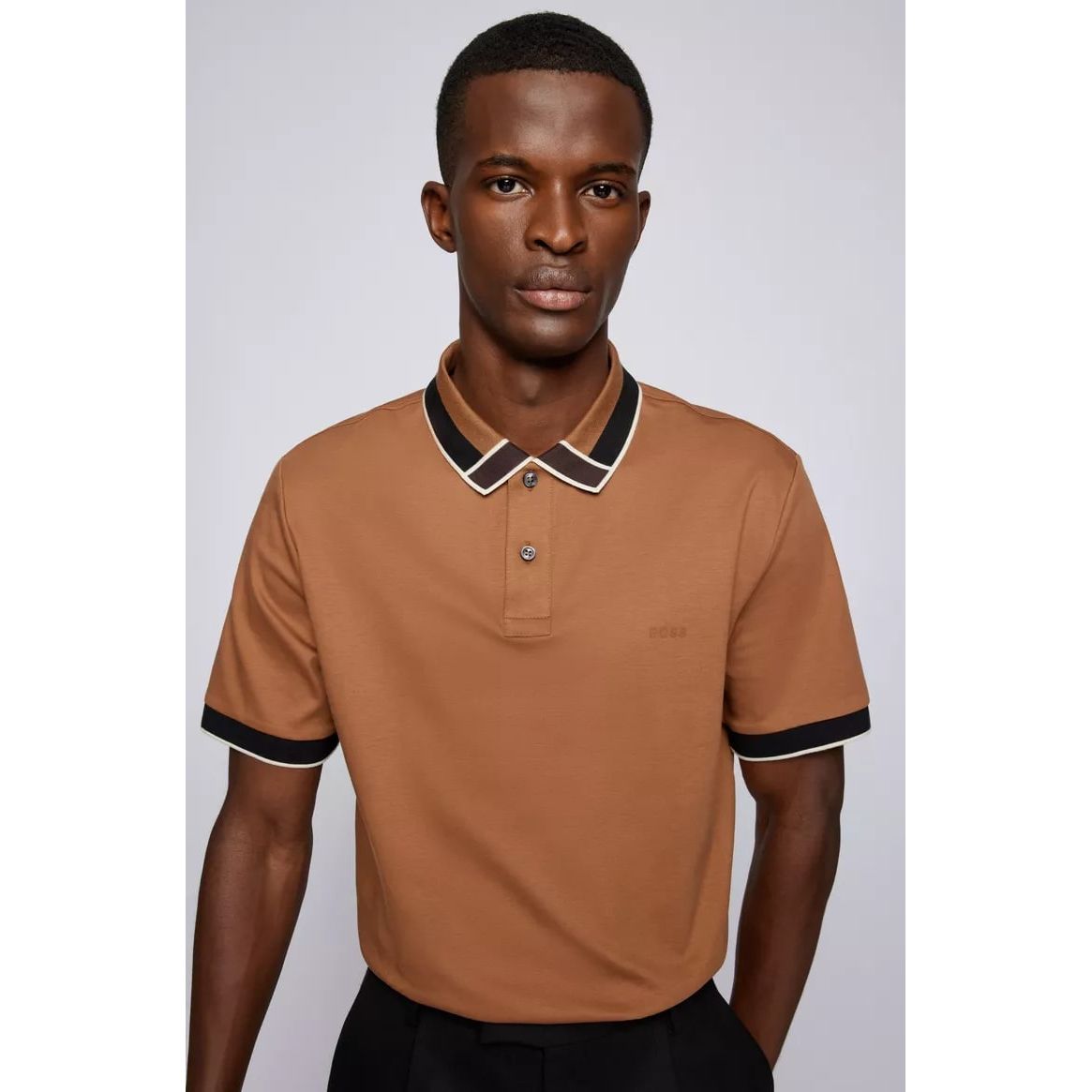 BOSS INTERLOCK-COTTON POLO SHIRT WITH COLOUR-BLOCKED COLLAR - Yooto