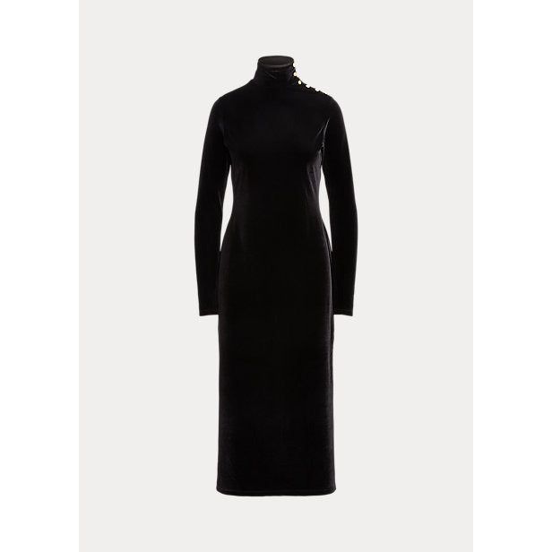 POLO RALPH LAUREN STRETCH VELVET ROLL NECK MIDI DRESS - Yooto