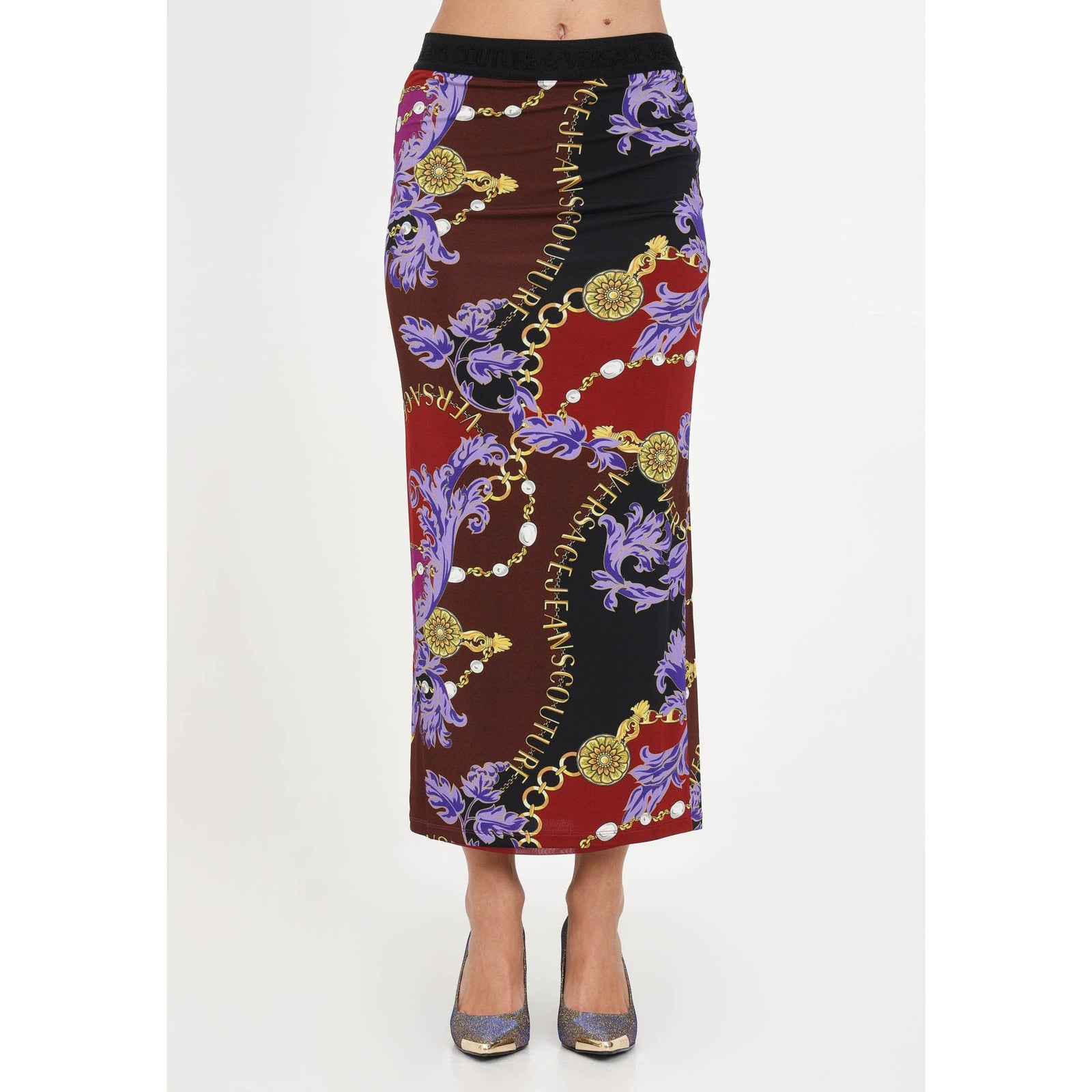 VERSACE JEANS COUTURE LONG BURGUNDY SKIRT WITH CHAIN PRINT - Yooto