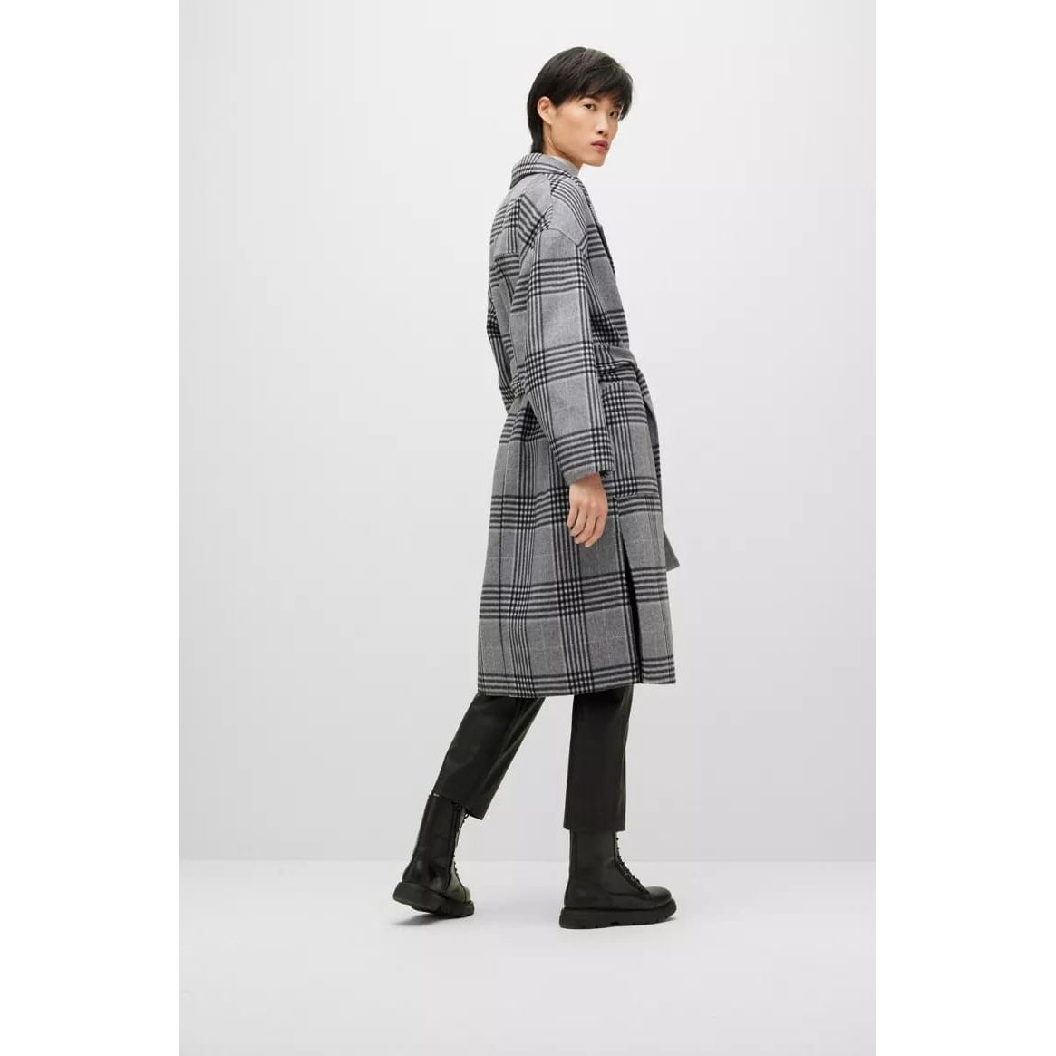 BOSS HOUNDSTOOTH-CHECK FORMAL COAT WITH BELTED CLOSURE - Yooto