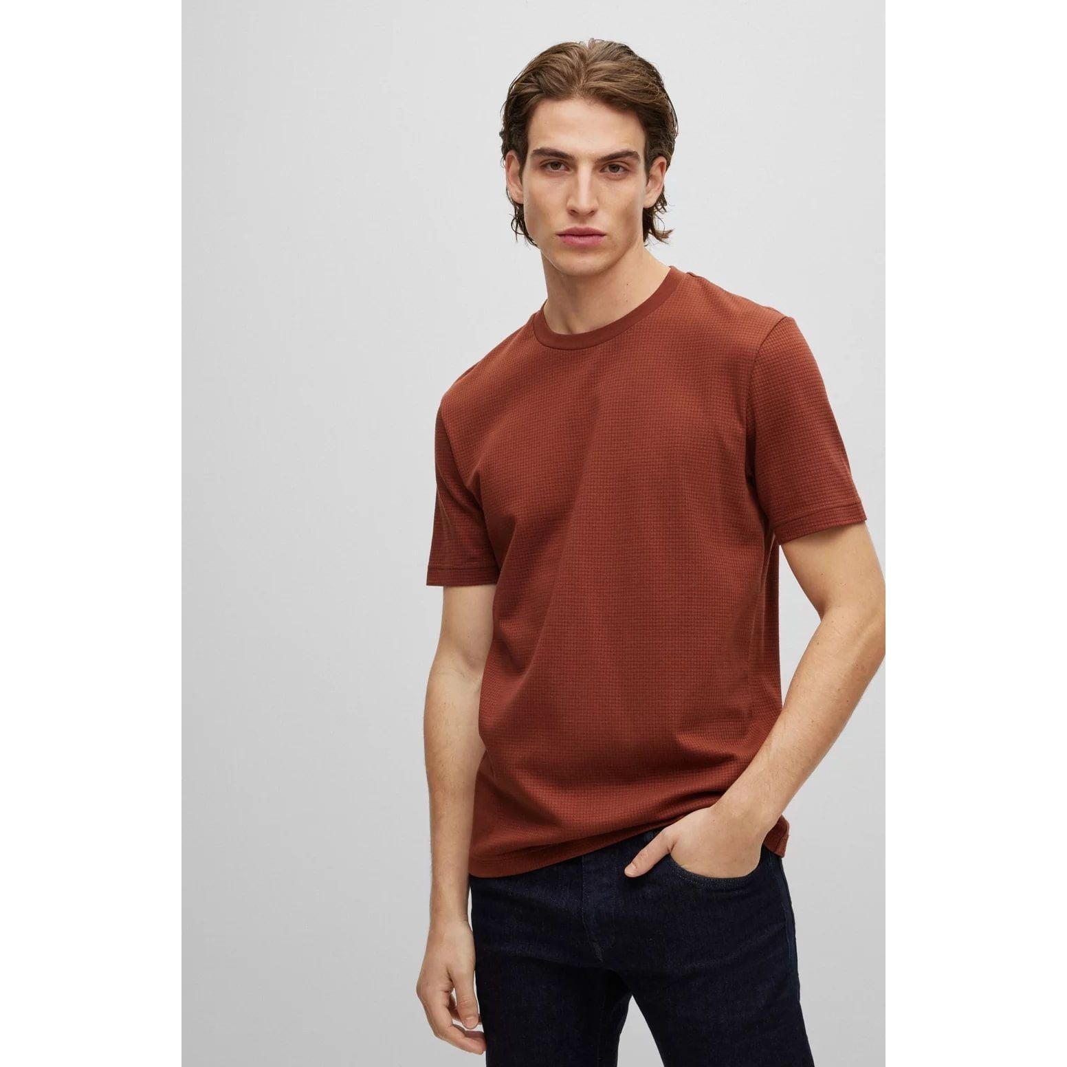 BOSS MERCERISED-COTTON REGULAR-FIT T-SHIRT WITH WAFFLE STRUCTURE - Yooto