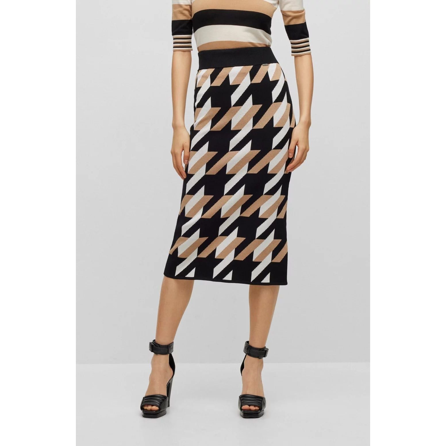 BOSS KNITTED JACQUARD-PATTERN PENCIL SKIRT WITH LOGO TRIM - Yooto