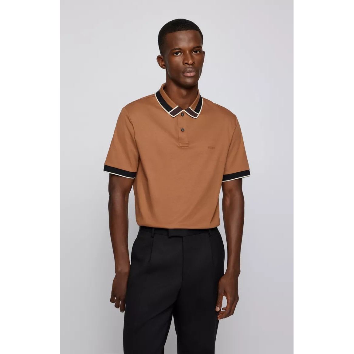 BOSS INTERLOCK-COTTON POLO SHIRT WITH COLOUR-BLOCKED COLLAR - Yooto