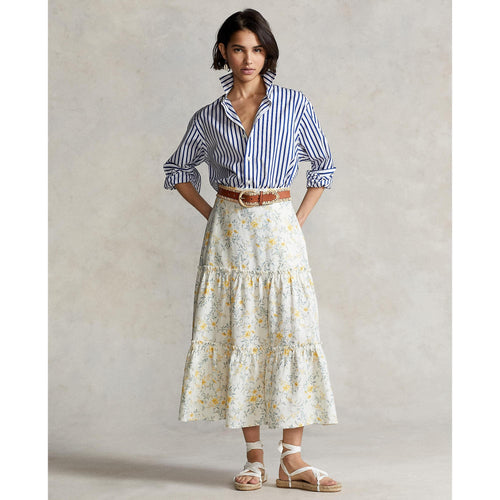 Load image into Gallery viewer, Floral Two-Tiered Linen Midi Skirt - Yooto
