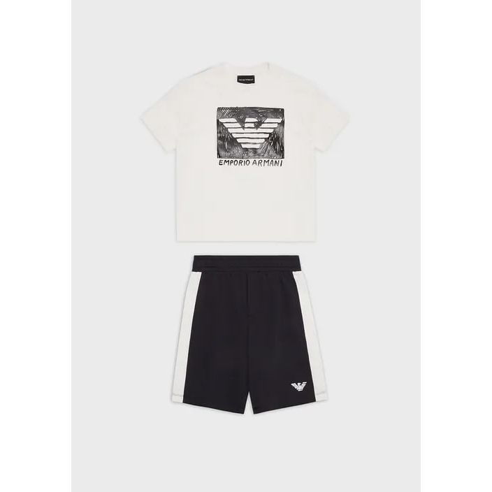 EMPORIO ARMANI  KIDS ORGANIC-JERSEY T-SHIRT AND BOARD SHORTS SET WITH OVERSIZED EAGLE - Yooto