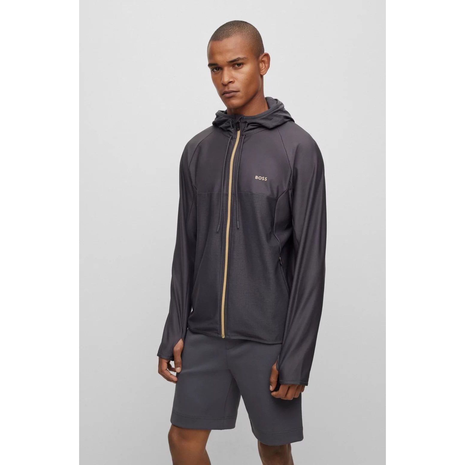 BOSS ACTIVE-STRETCH ZIP-UP HOODIE WITH DECORATIVE REFLECTIVE PATTERN - Yooto